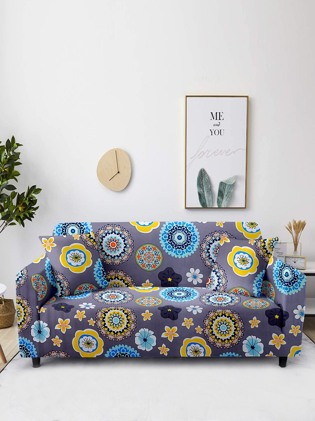 

Aura Grey & Blue Floral Printed 2-Seater Non-Slip Sofa Cover