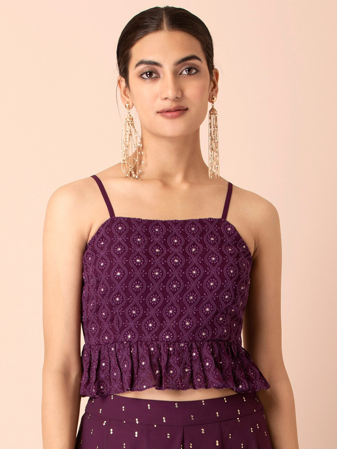 

INDYA Women Purple Embroidered Peplum Crop Top