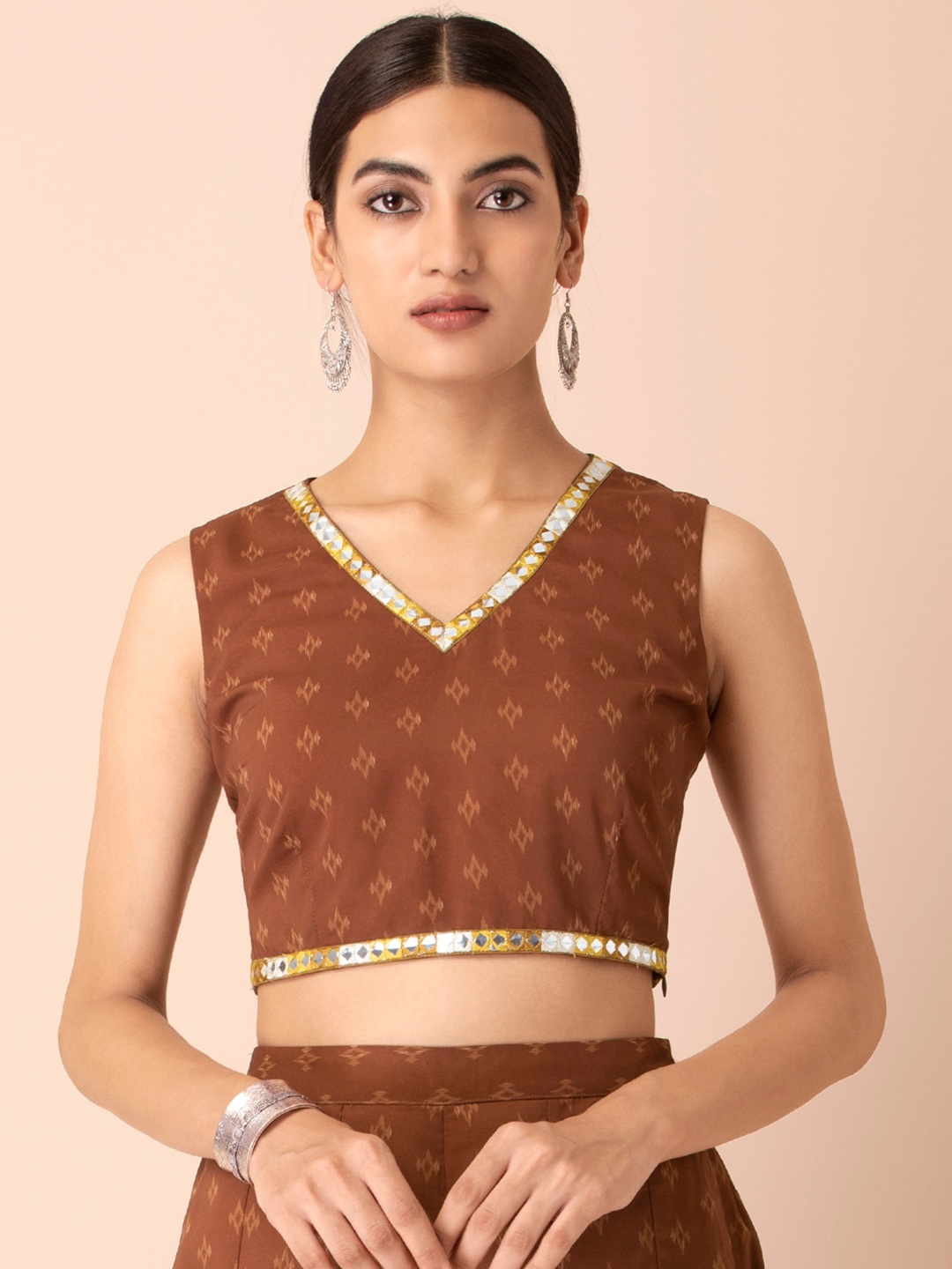 

INDYA Yellow Print Georgette Ochre Ikat Boota Crop Top