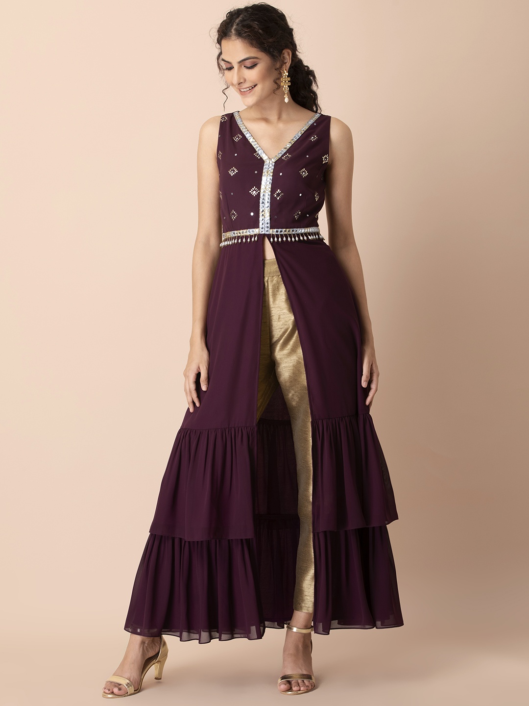 

Rang by Indya for Shraddha Kapoor Women Purple & Gold-Toned Embellished Ruffled High Slit Kurta, Burgundy