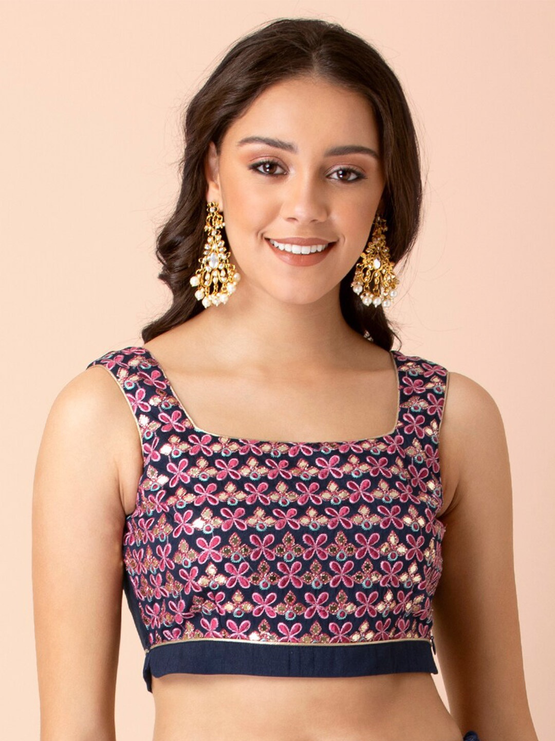 

INDYA Navy Blue & Pink Embellished Gota Patti Sleeveless Crop Top