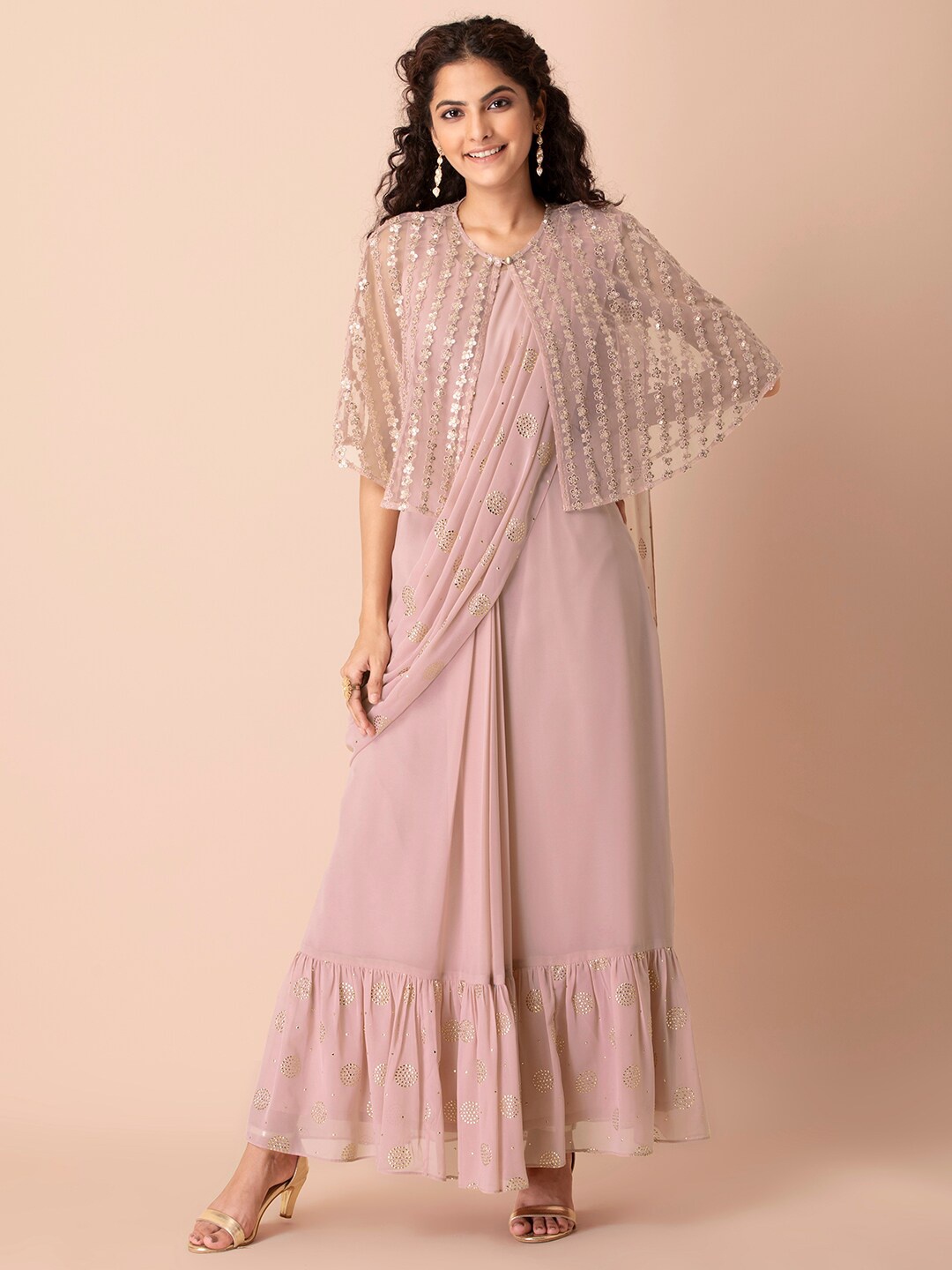 

INDYA Pink & Gold-Toned Embellished Ready to Wear Saree with Cape Jacket