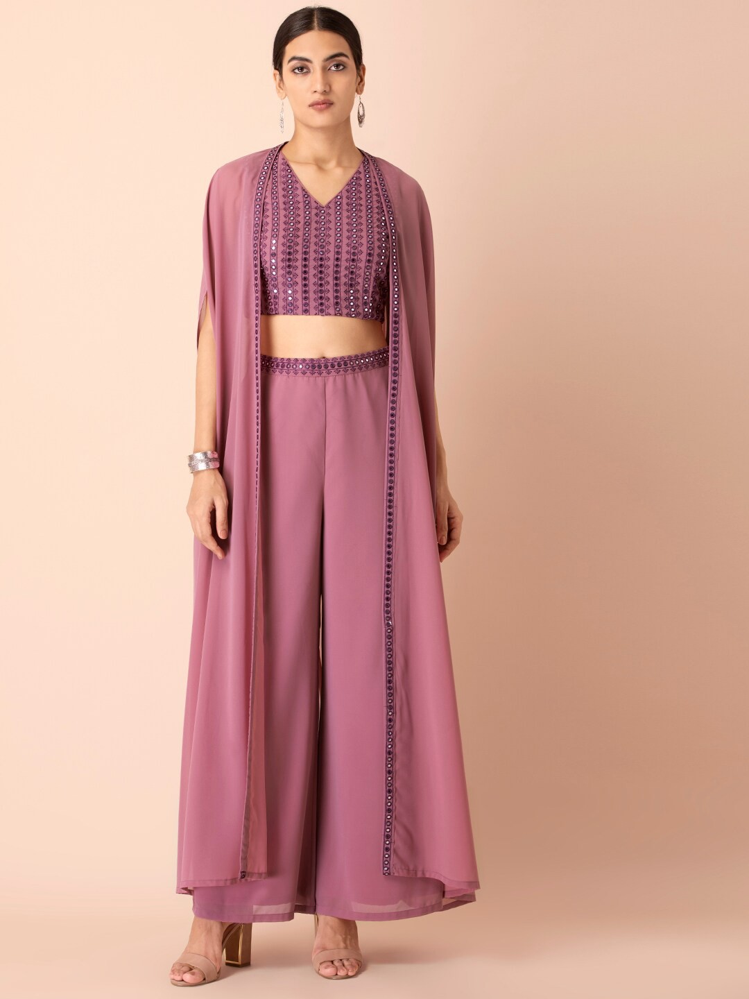 

INDYA Women Pink Ethnic Embellished Mirror Work Longline Shrug