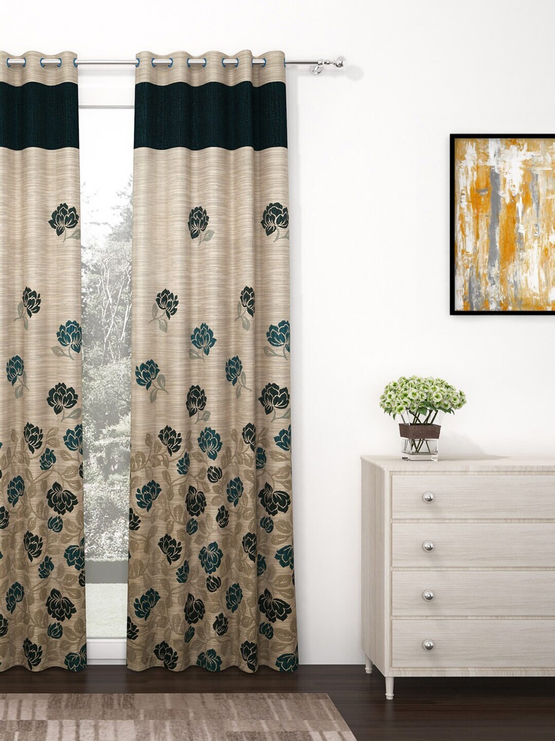 

Story@home Beige & Green Floral Jacquard Premium Eyelet Long Door Curtain