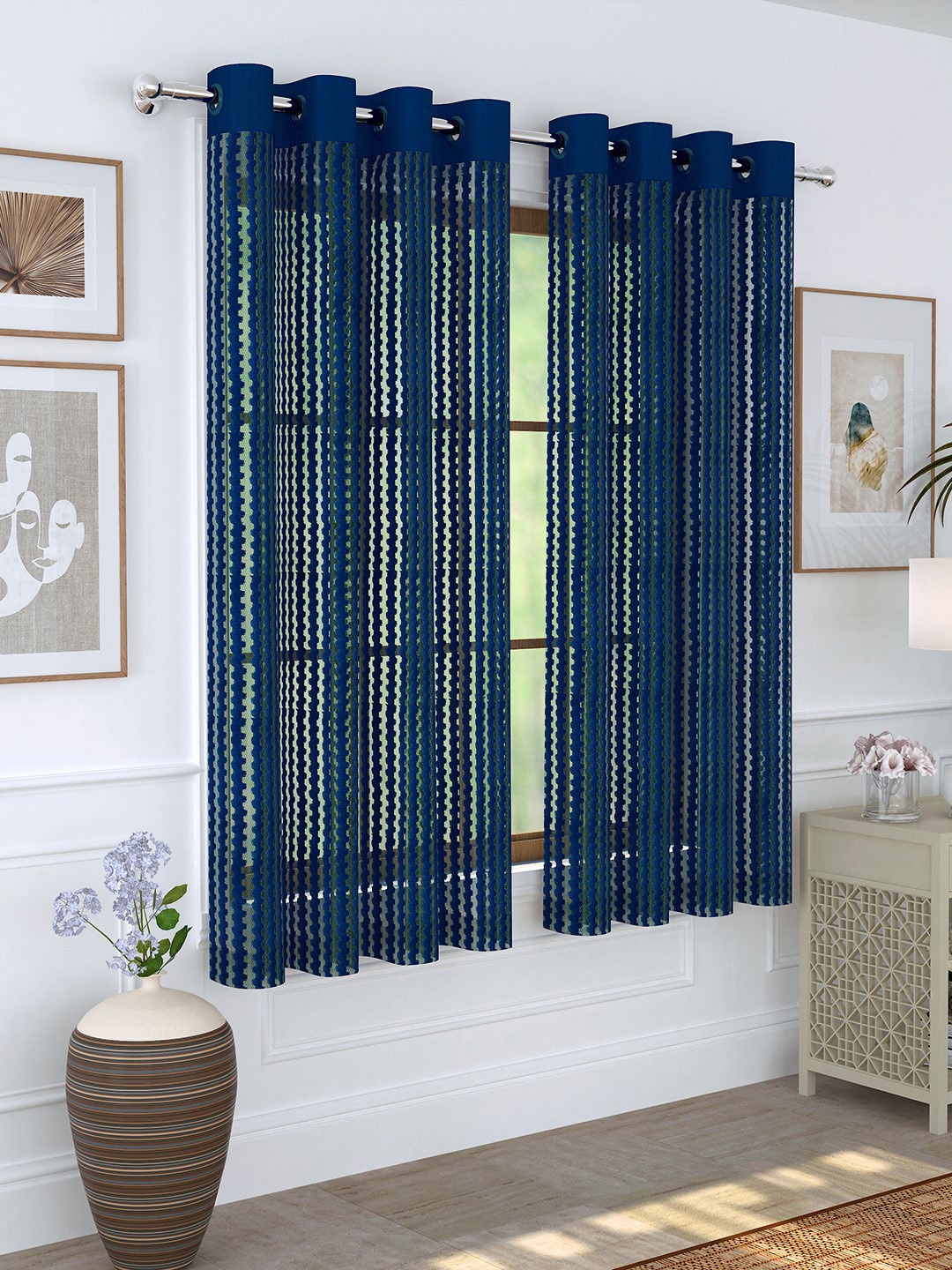 

Story@home Navy Blue Set of 2 Striped Sheer Window Curtains