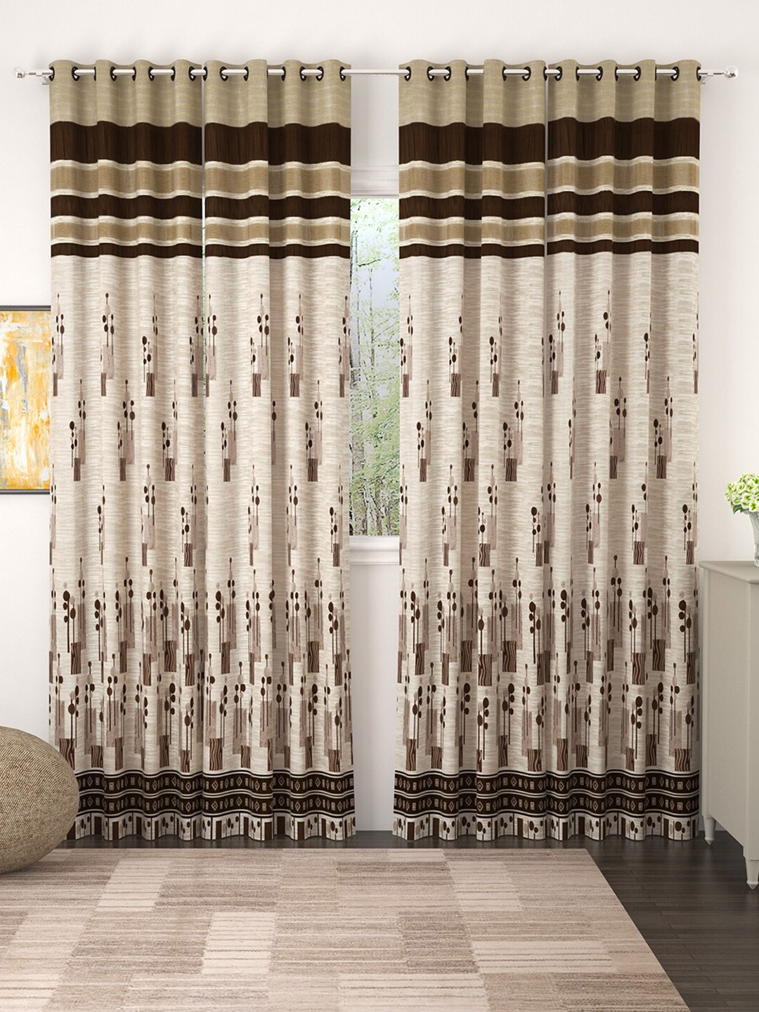 

Story@home Brown & Beige Jacquard Premium Eyelet Set of 4 Floral Long Door Curtain