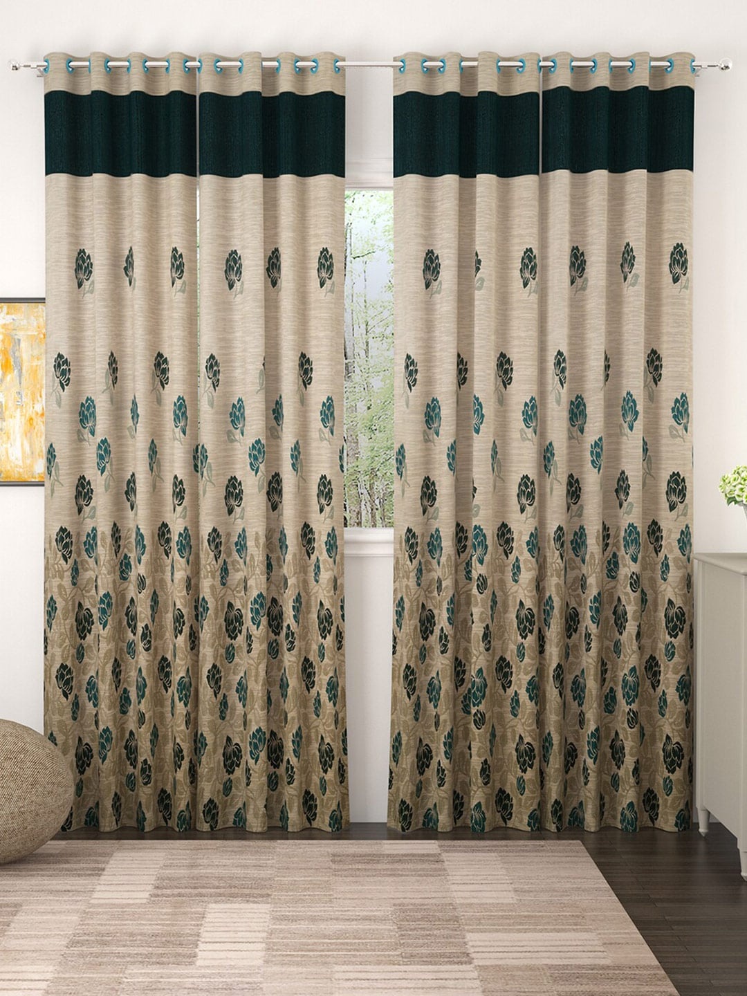 

Story@home Beige & Blue Set of 2 Floral Jacquard Long Door Curtain