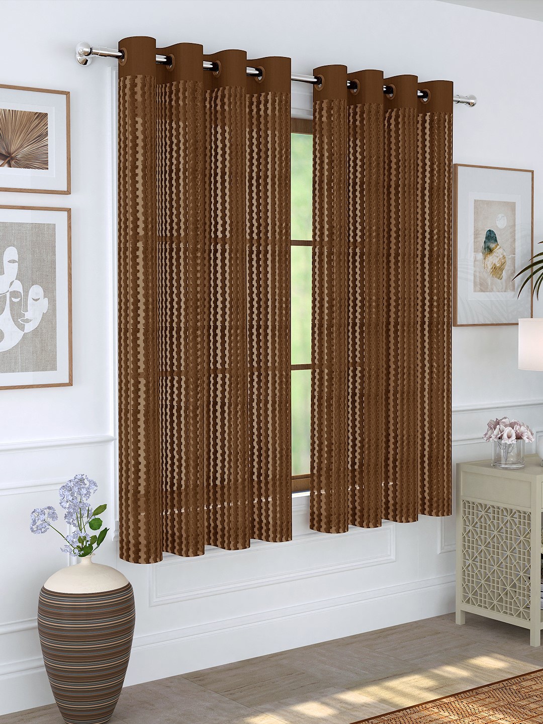 

Story@home Set Of 2 Brown & Maroon Sheer Window Curtain