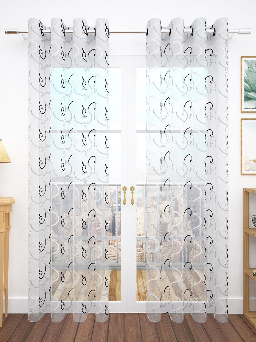 

Story@home Set of 2 White & Black Floral Sheer Door Curtain