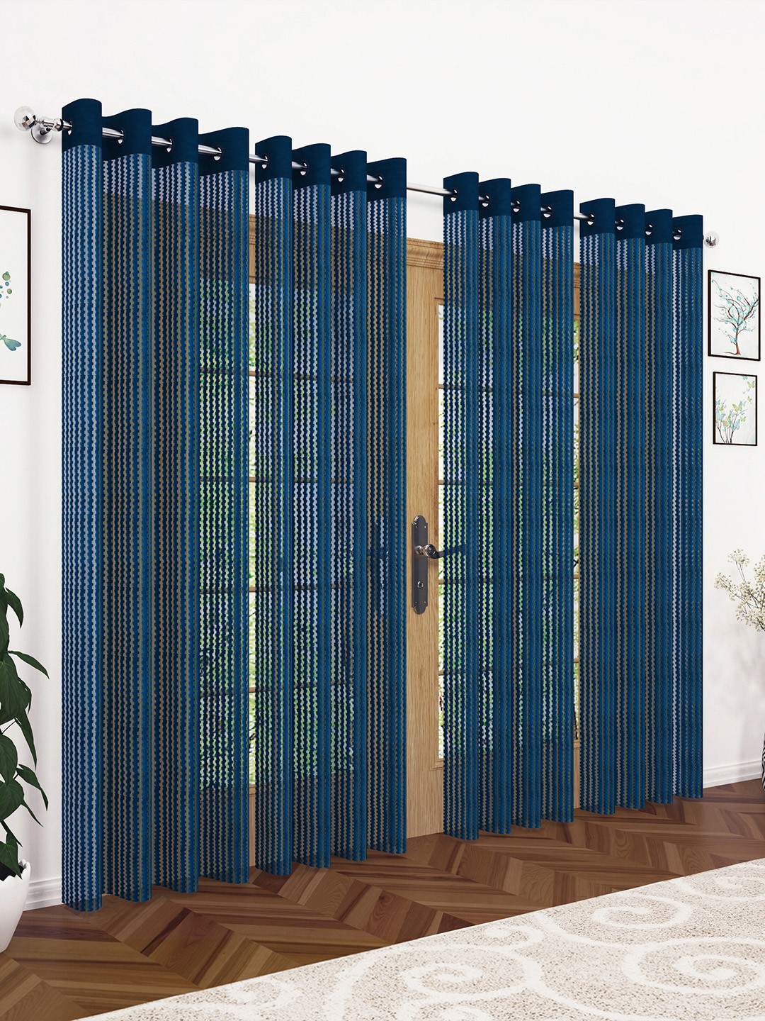 

Story@home Pack Of 4 Navy Blue Striped Sheer Long Door Curtains