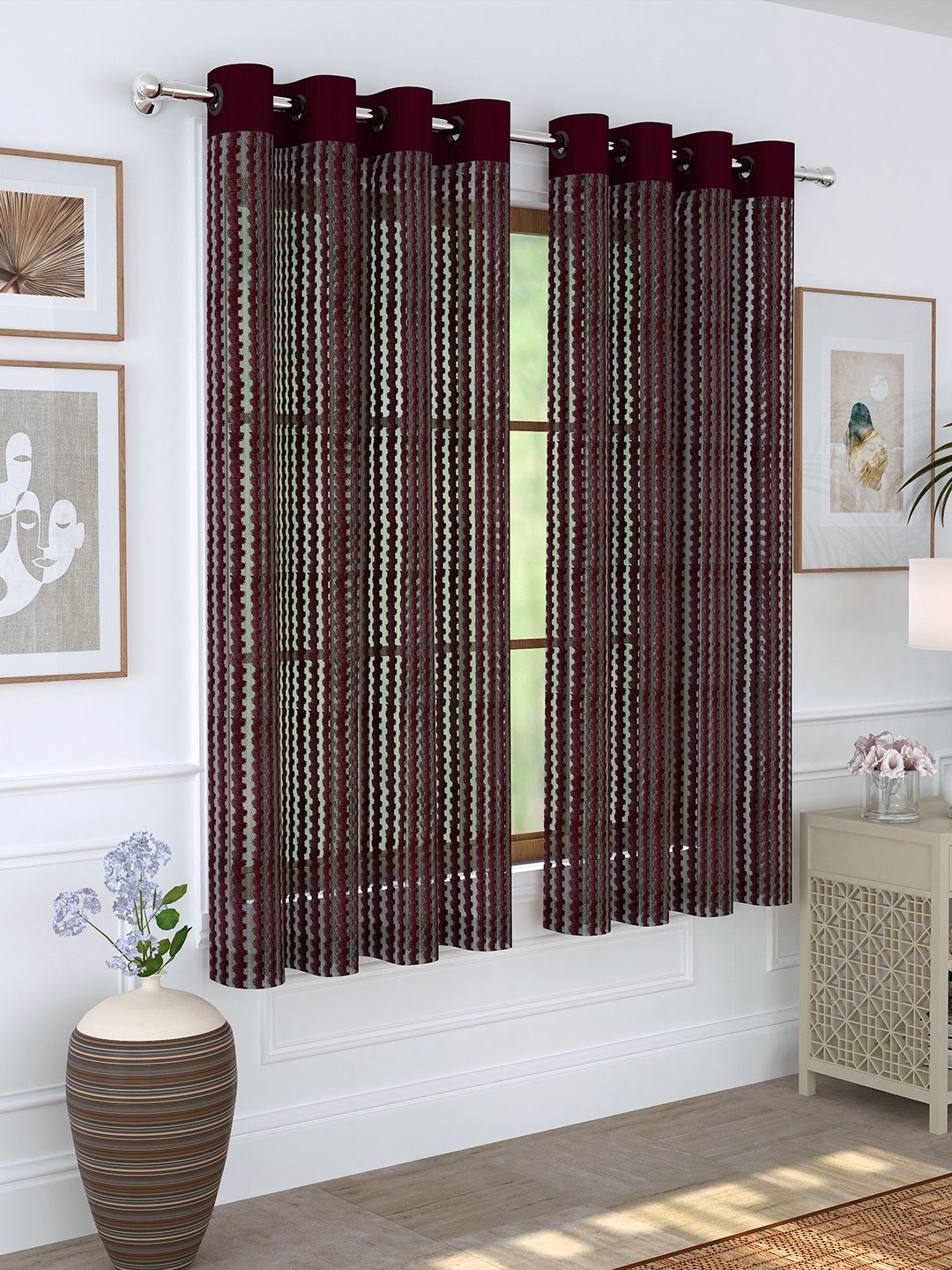 

Story@home Burgundy Set of 2 Striped Sheer Window Curtains