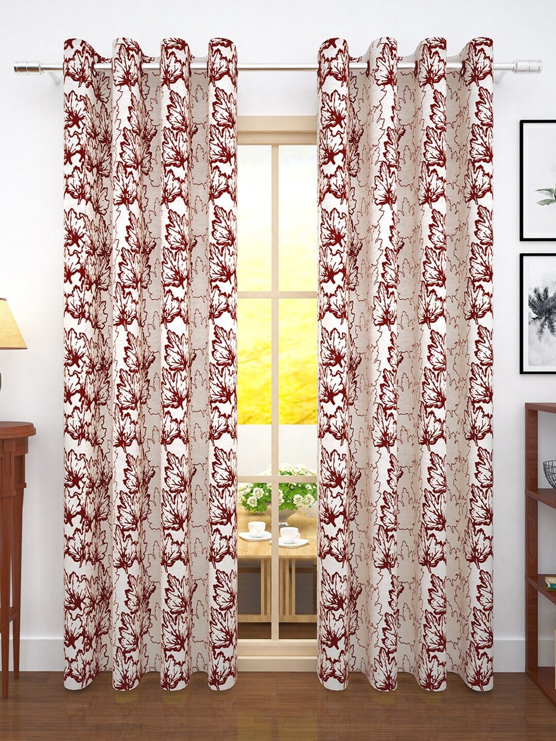 

Story@home Cream-Coloured & Maroon Set of 2 Floral Jacquard Door Curtain