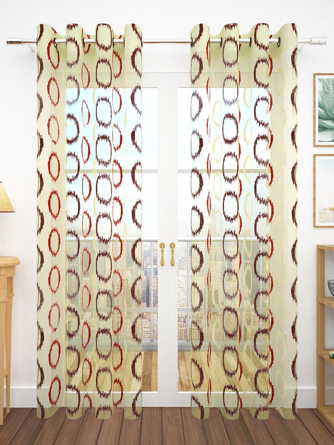 Story@home Pack Of 2 Embroidered Sheer Door Curtains, Yellow