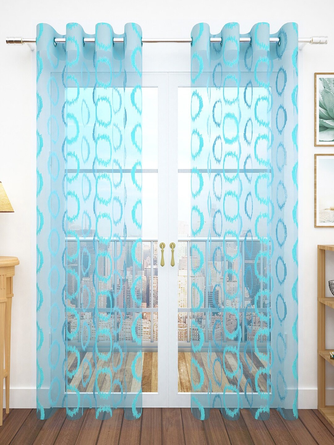 

Story@home Turquoise Blue Set of 2 Geometric Embroidered Sheer Door Curtain