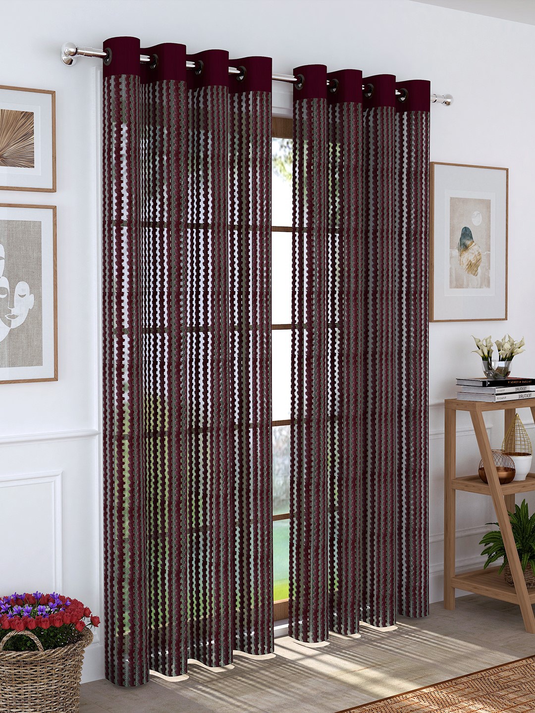 

Story@home Magenta Set of 2 Striped Sheer Long Door Curtain