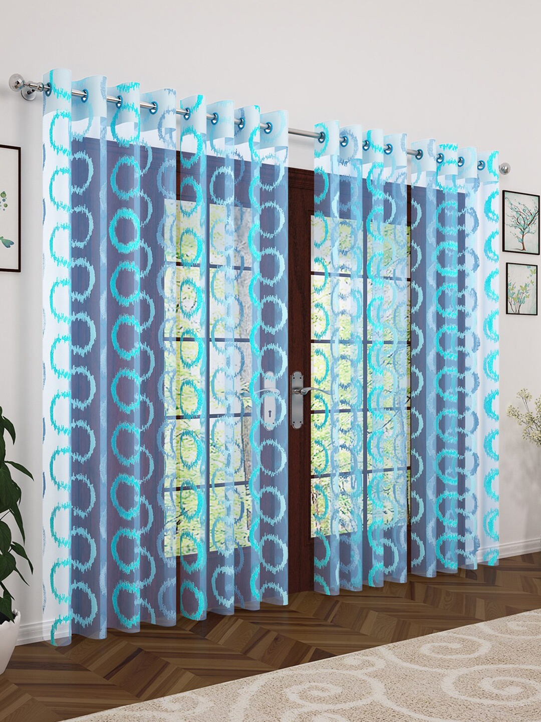 

Story@home Turquoise Blue Set of 4 Embroidered Sheer Door Curtains