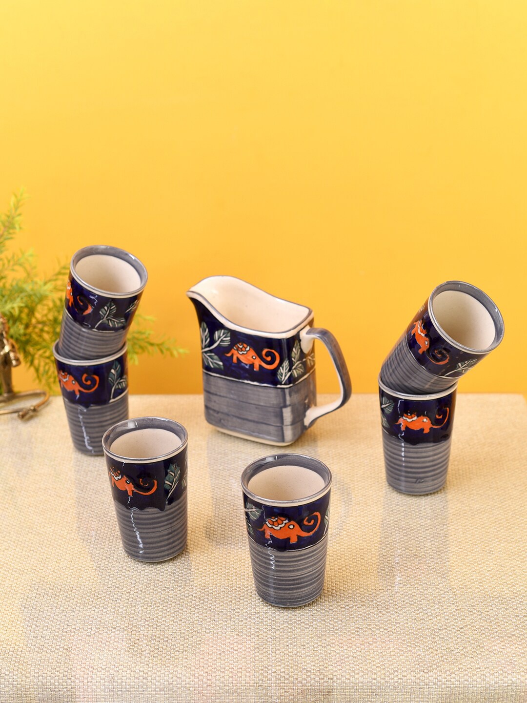 

AAKRITI ART CREATIONS Set Of 7 Blue & Orange Printed Ceramic Matte Drinking Glasses & Jug