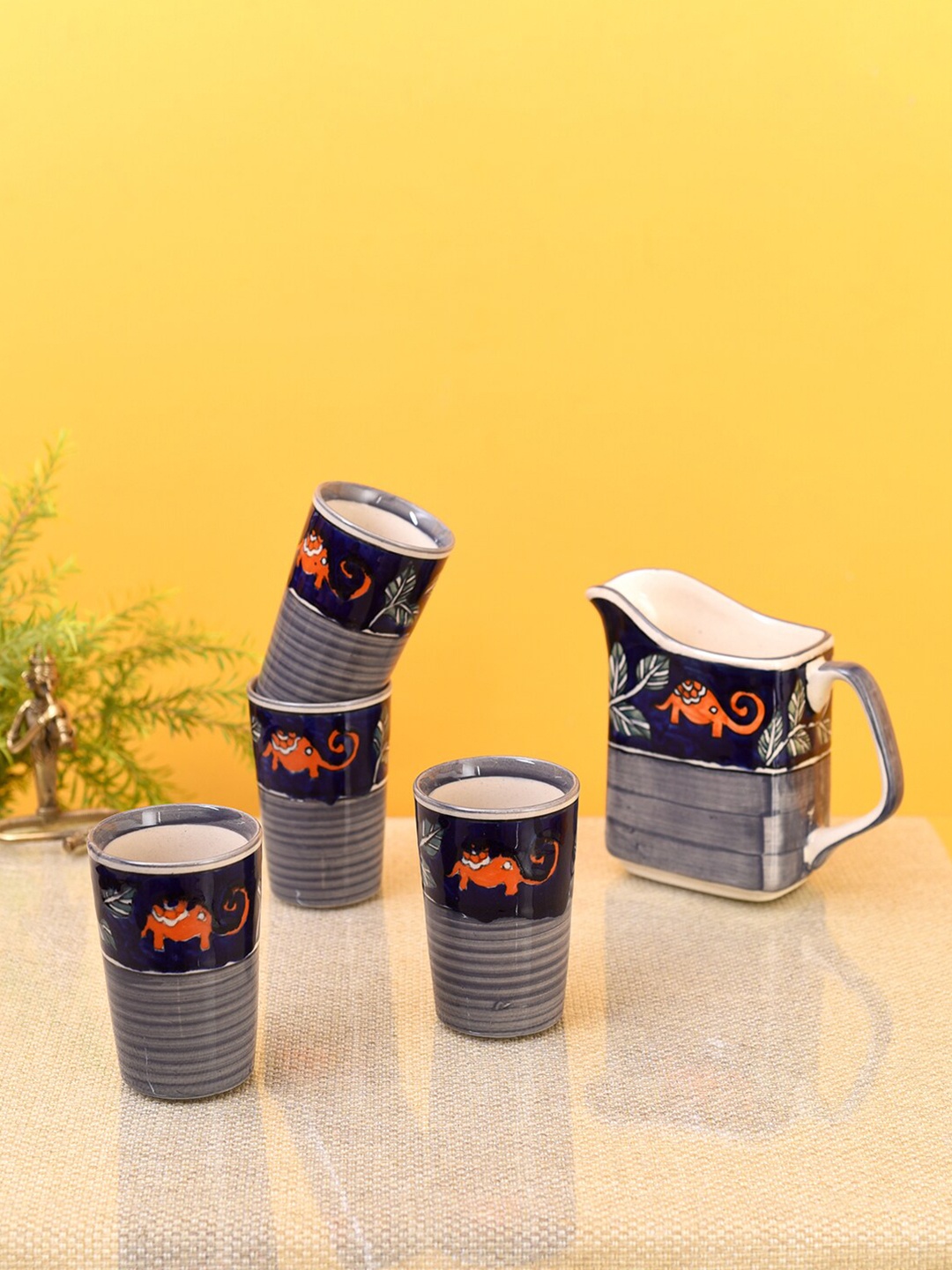 

AAKRITI ART CREATIONS Set of 5 Blue & Orange Printed Ceramic Glossy Cups & Pitcher
