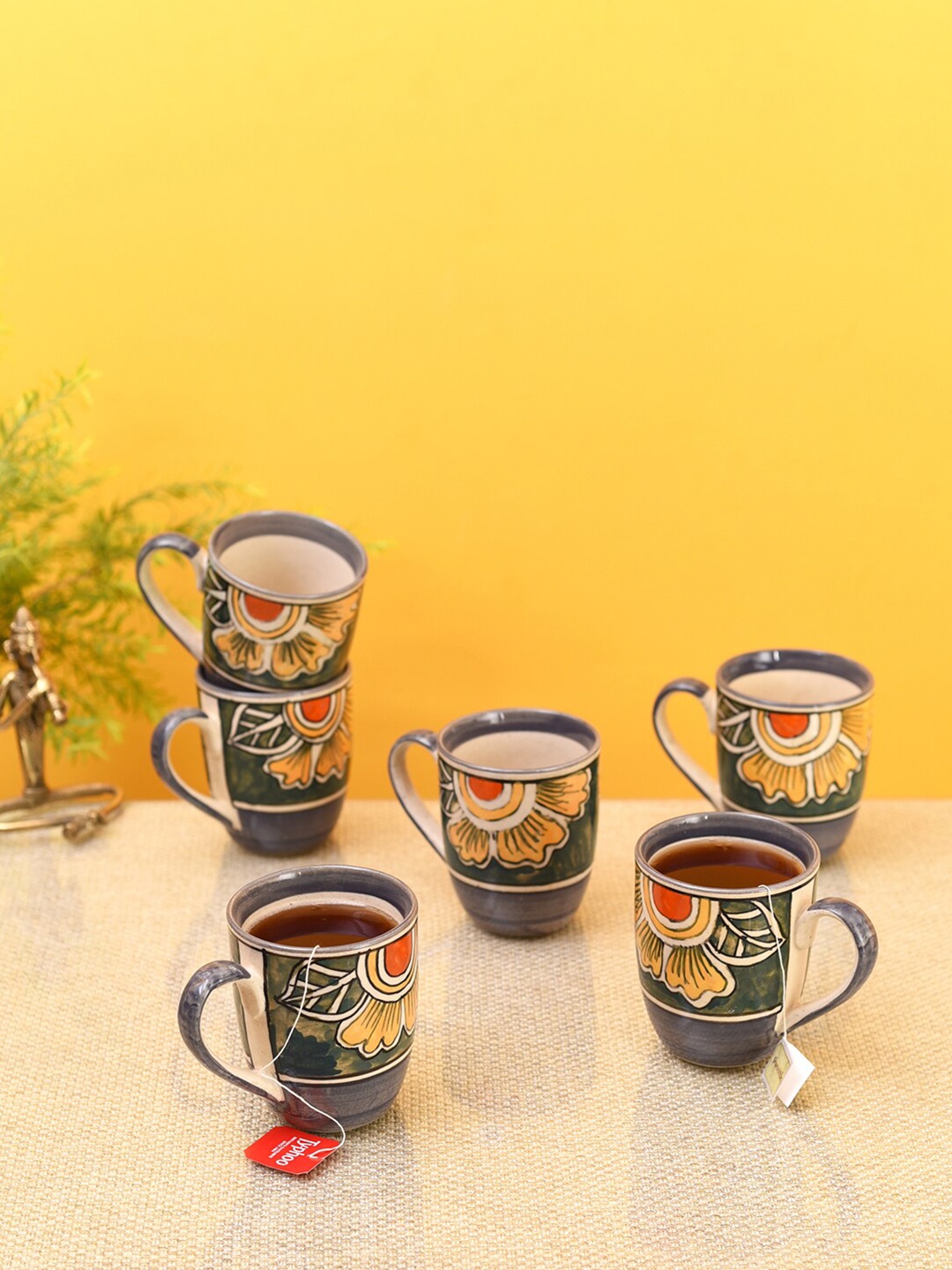 

AAKRITI ART CREATIONS Grey & Orange Set of 6 Hand Painted Ceramic Glossy Cups