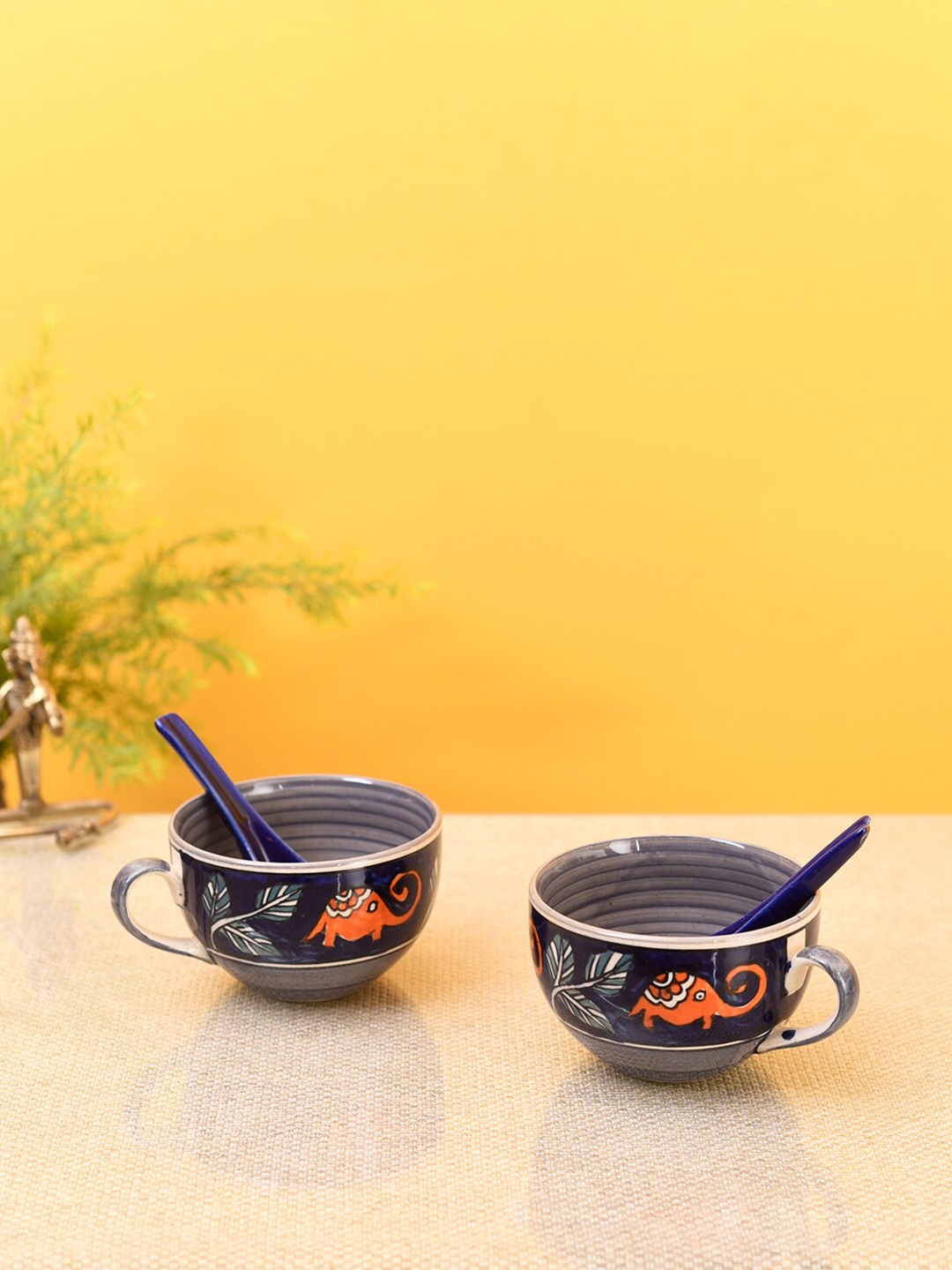 

AAKRITI ART CREATIONS Set Of 2 Glossy Ceramic Morning Tuskers Soup Bowls With Spoons, Navy blue