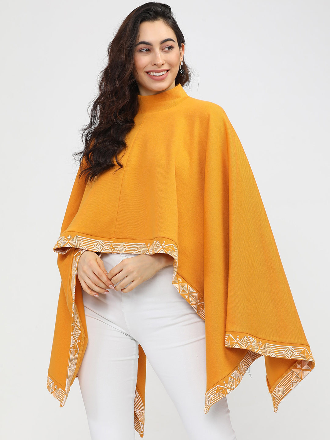 

Vishudh Women Yellow Knitted High Neck Poncho Cape Top