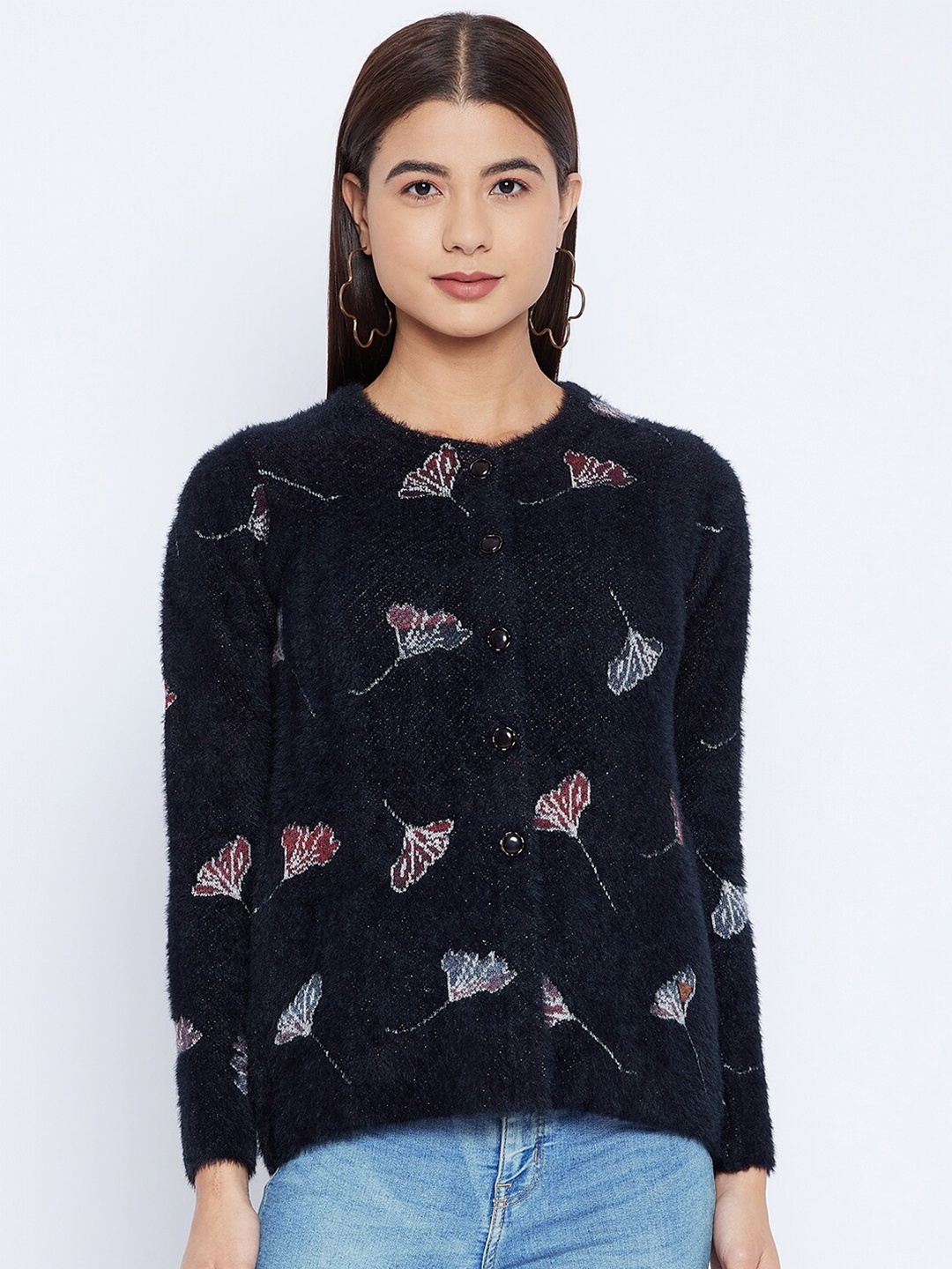 

Duke Women Black & Maroon Floral Printed Woolen Cardigan