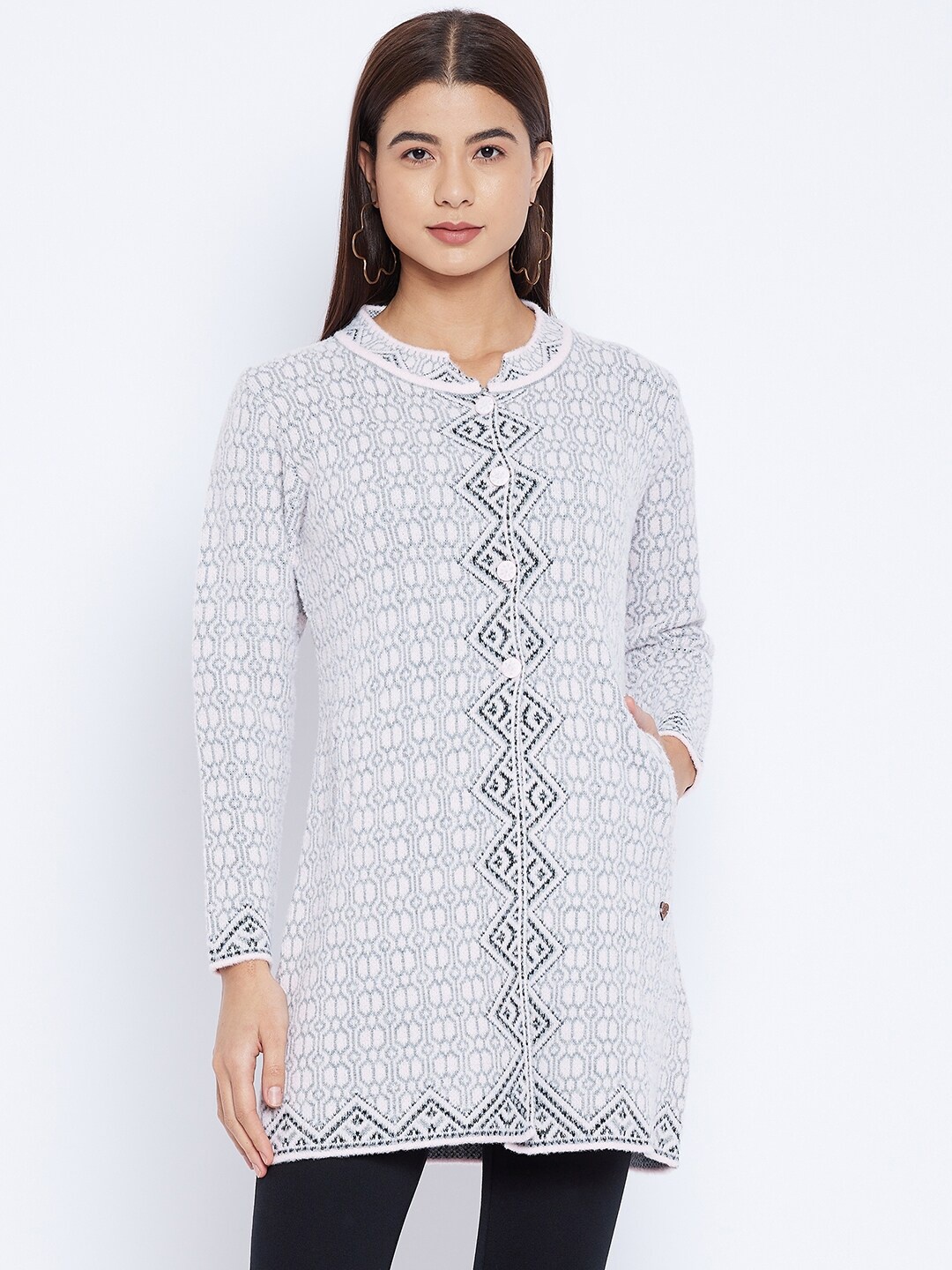

Duke Women White & Grey Woolen Longline Cardigan with Fuzzy Detail