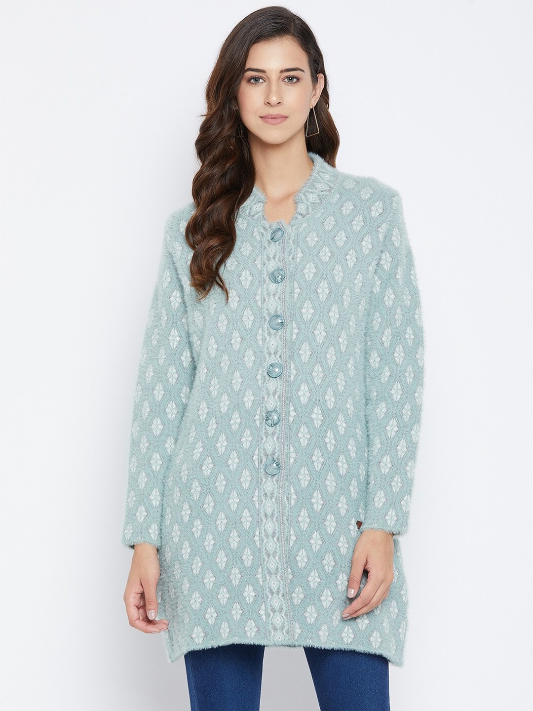 

Duke Women Green & White Cable Knit Longline Cardigan