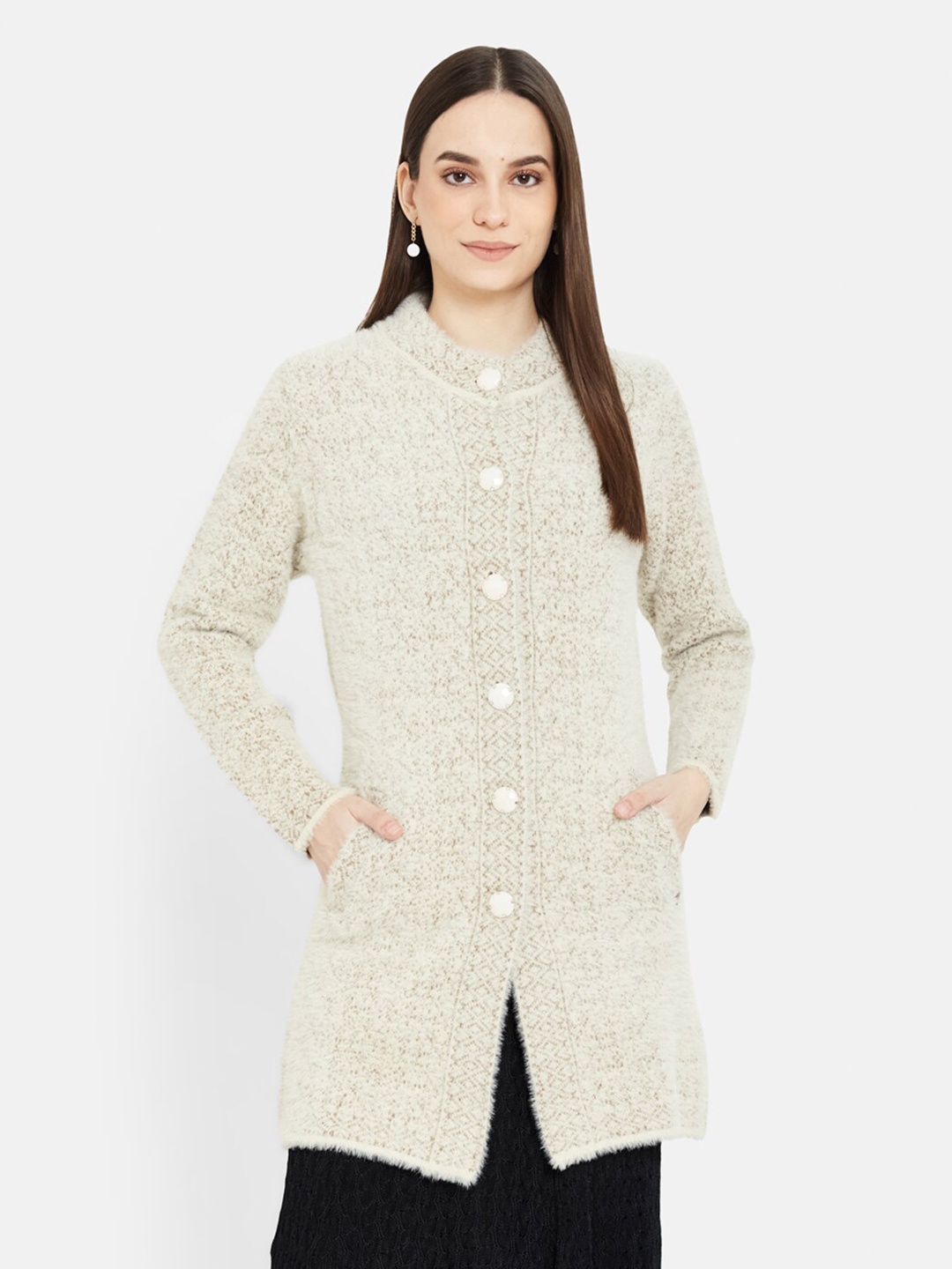 

Duke Women Beige Self Design Wool Longline Cardigan