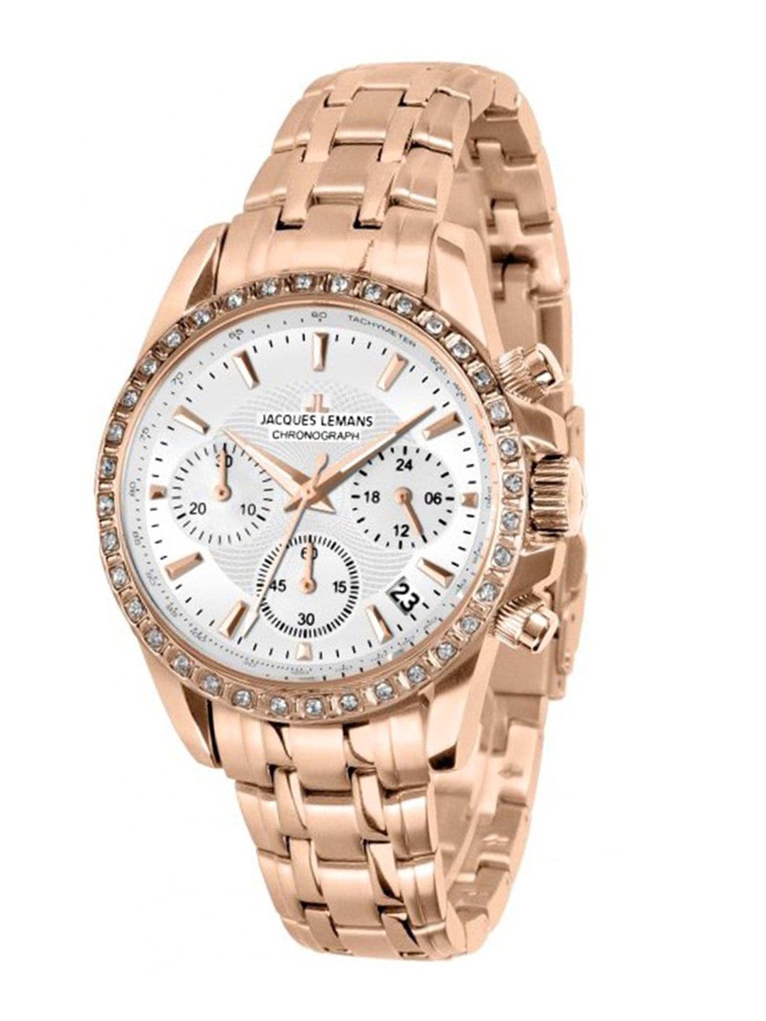 

Jacques Lemans Women White Embellished Dial & Rose Gold Toned Stainless Steel Bracelet Style Straps Analogue Watch