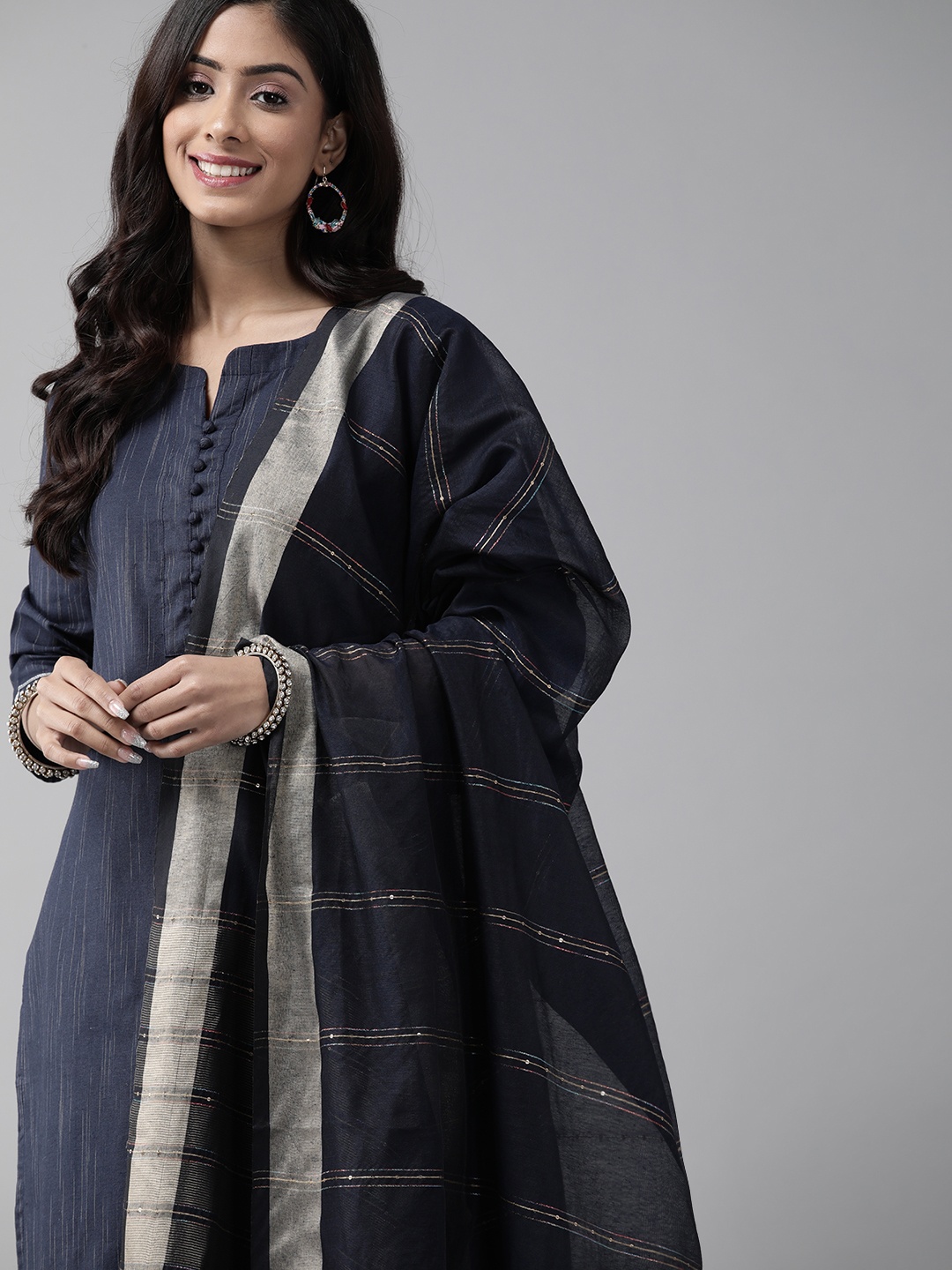 

Indo Era Women Navy Blue Kurta with Palazzos & With Dupatta