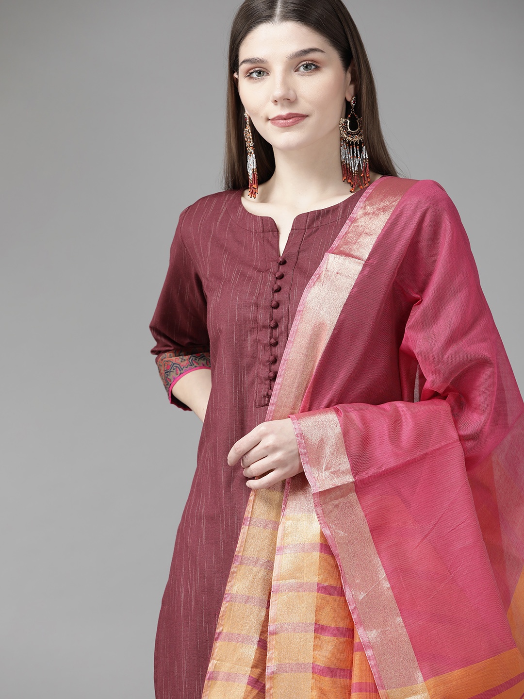

Indo Era Women Maroon Kurta with Palazzos & With Dupatta
