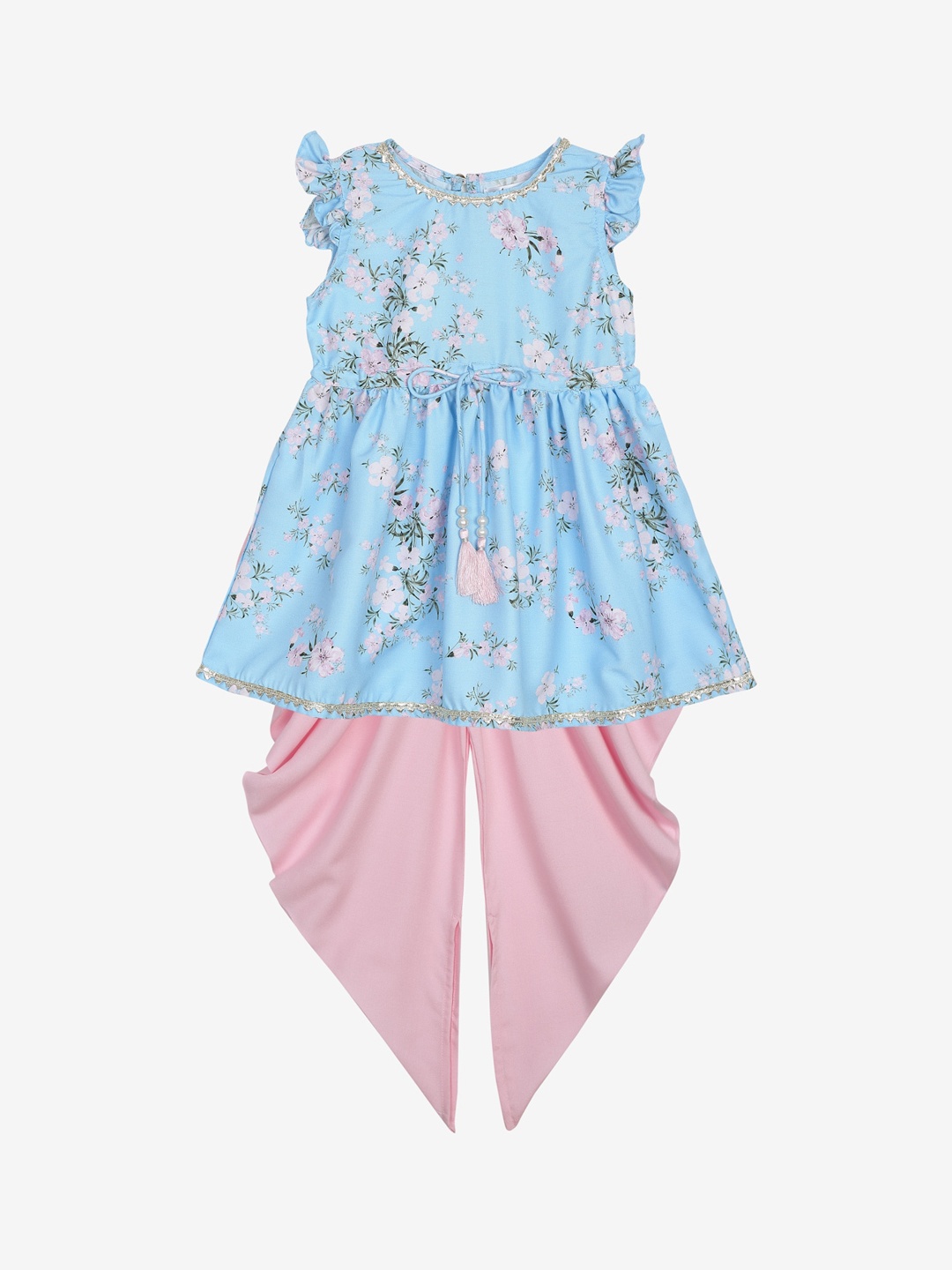 

SAKA DESIGNS Girls Blue Floral Printed Pleated Pure Cotton Kurti with Dhoti Pants