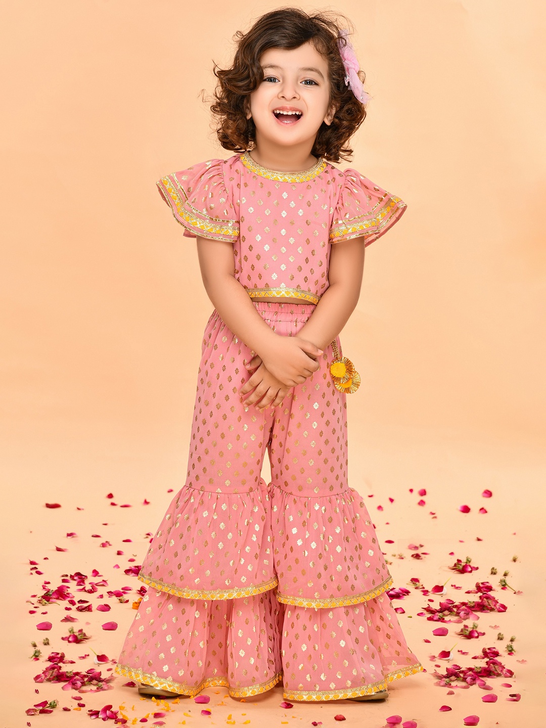 

SAKA DESIGNS Girls Peach-Coloured Printed Angrakha Kurti with Salwar