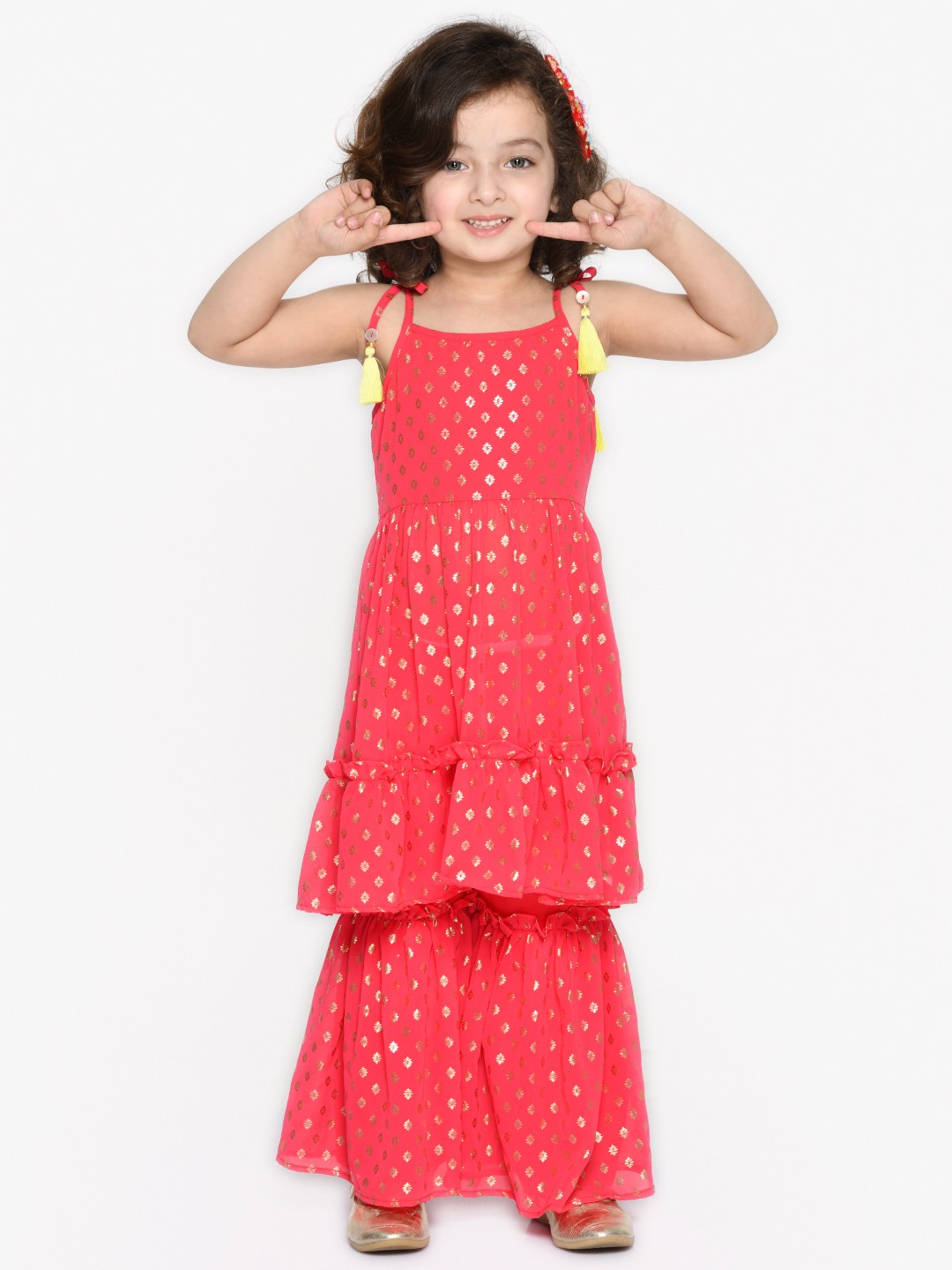 

SAKA DESIGNS Girls Magenta & Beige Ethnic Motifs Printed Pleated Kurti With Sharara