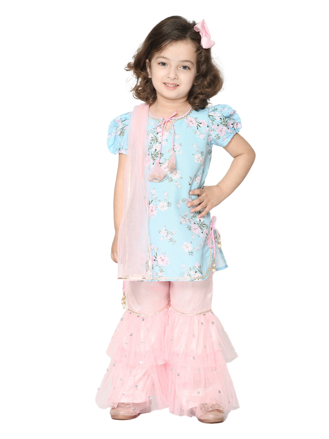 

SAKA DESIGNS Girls Pink Floral Embroidered Pure Cotton Kurti with Skirt & With Dupatta