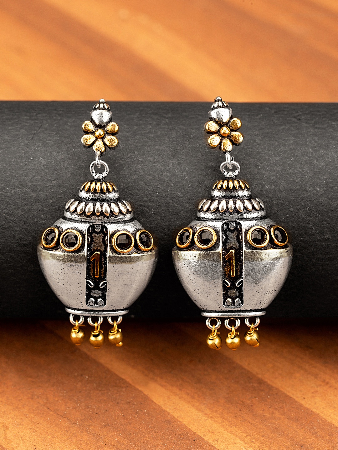 

Voylla Silver-Plated Gold-Toned Contemporary Drop Earrings