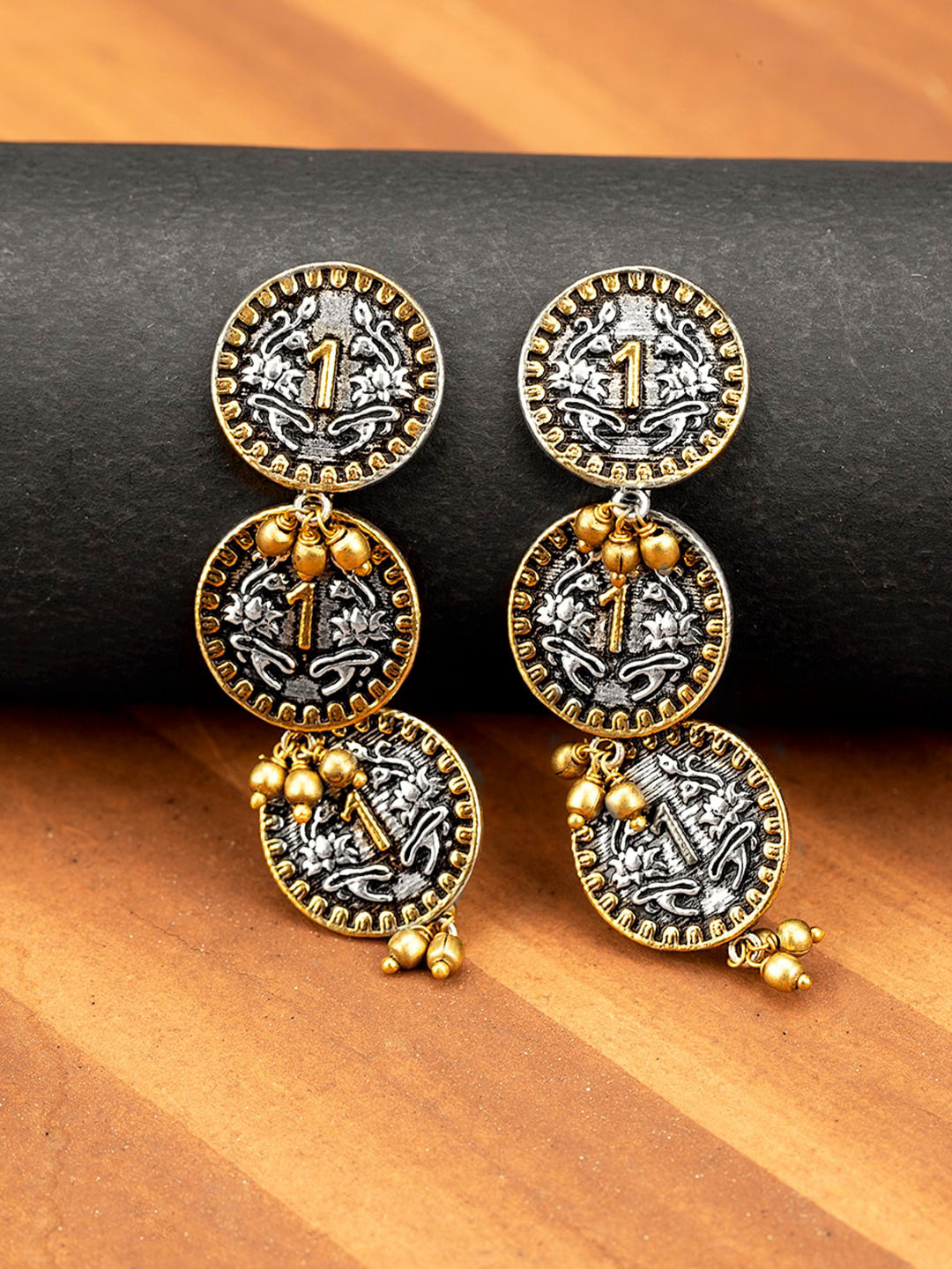 

Voylla Silver-Plated & Gold-Toned Gullak Coin Styled Drop Earrings