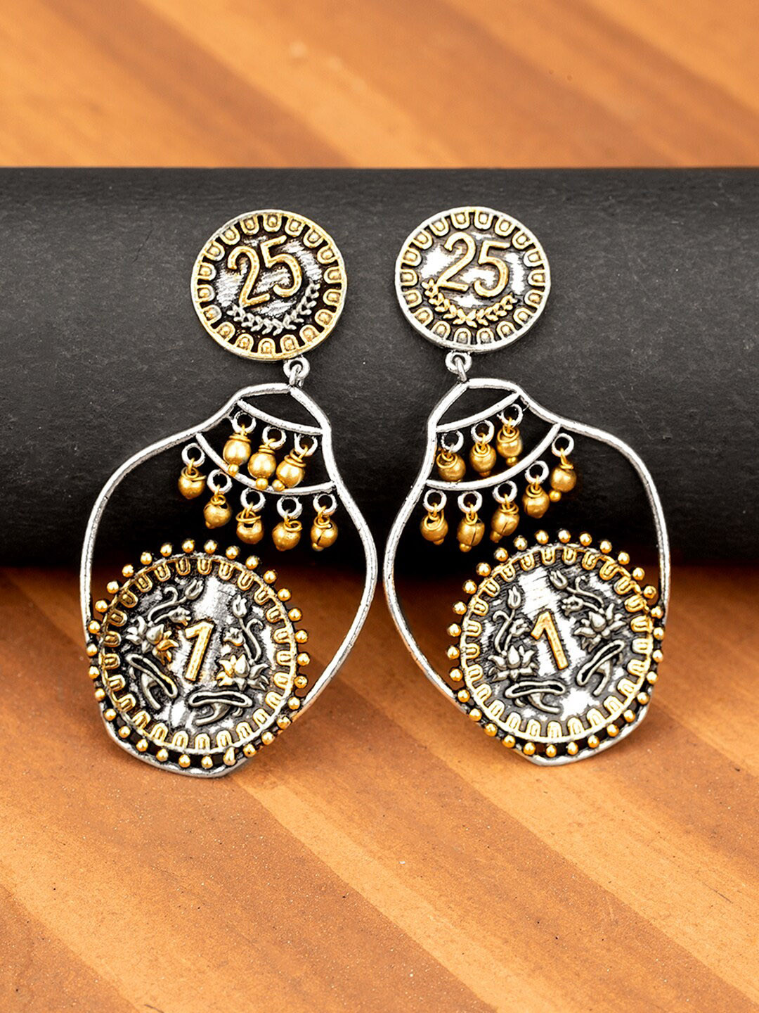 

Voylla Silver-Plated & Gold-Toned Contemporary Gullak Drop Earrings