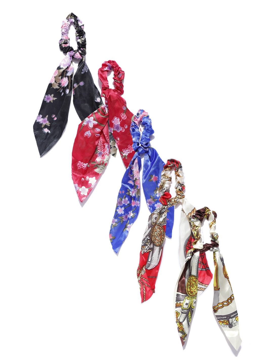 

Blueberry Set of 5 Satin Printed Scrunchies with Tie-Up Detail, Multi
