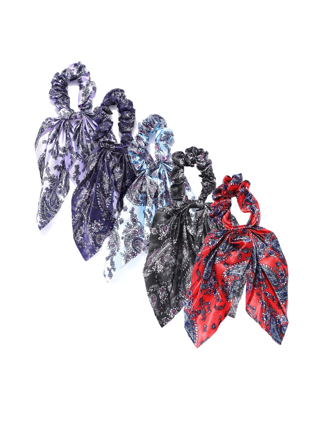 

Blueberry Women Set of 5 Satin Floral Printed Scrunchies with Tie-Up Detail, Multi