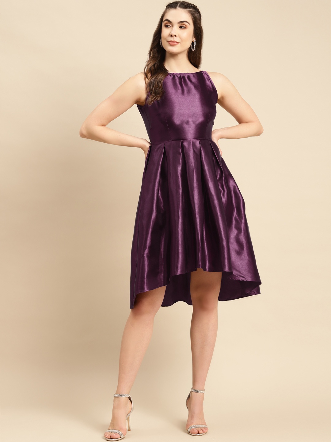 

MABISH by Sonal Jain Satin Finish Box Pleat High-Low Fit & Flare Dress, Purple