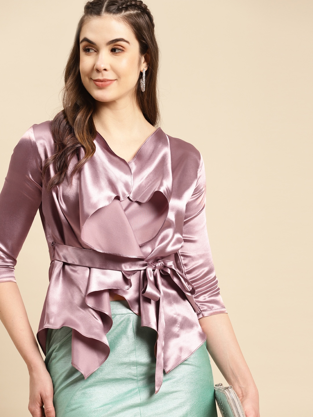 

MABISH by Sonal Jain Mauve Satin Finish Ruffles Asymmetric Overlap Top with Belt