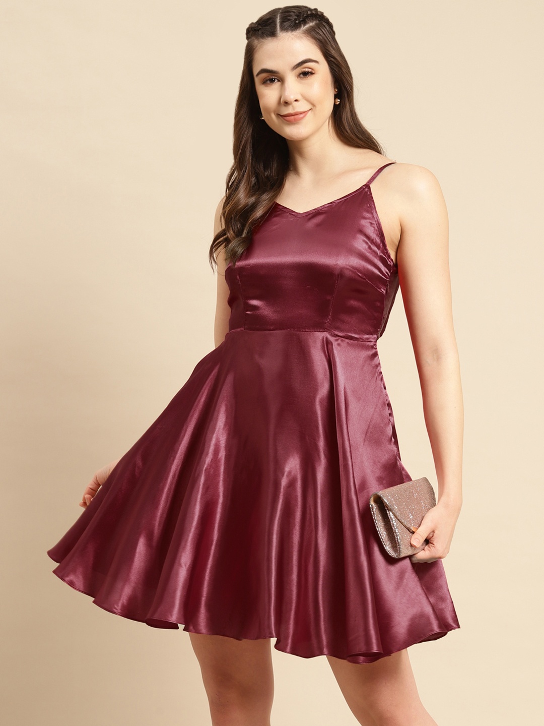 

MABISH by Sonal Jain Maroon Satin Finish Back Knot Fit & Flare Dress