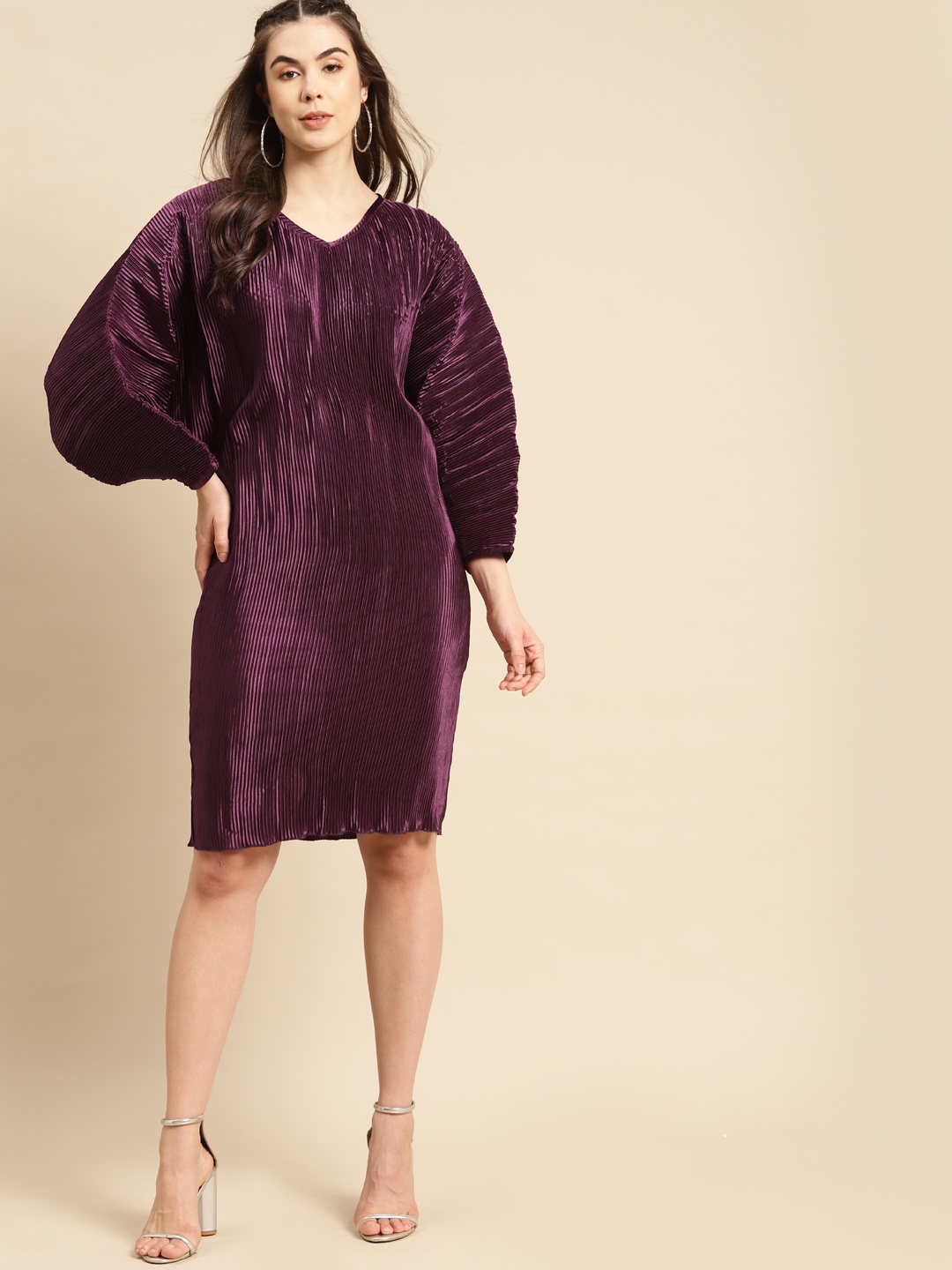 

MABISH by Sonal Jain Purple Dolman Sleeves Satin Finish Accordion Pleats Sheath Dress