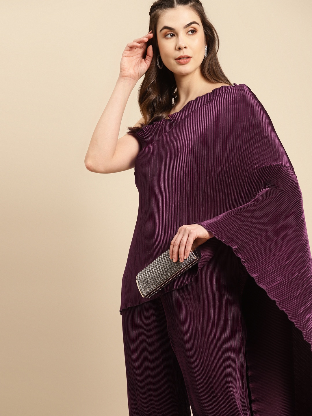 

MABISH by Sonal Jain Purple Satin Finish Accordion Pleats Jumpsuit with Saree Style Pallu