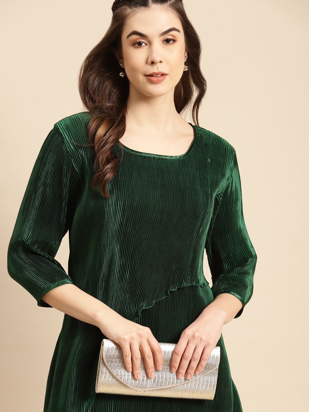 

MABISH by Sonal Jain Green Satin Finish Accordion Pleats Overlap A-Line Dress
