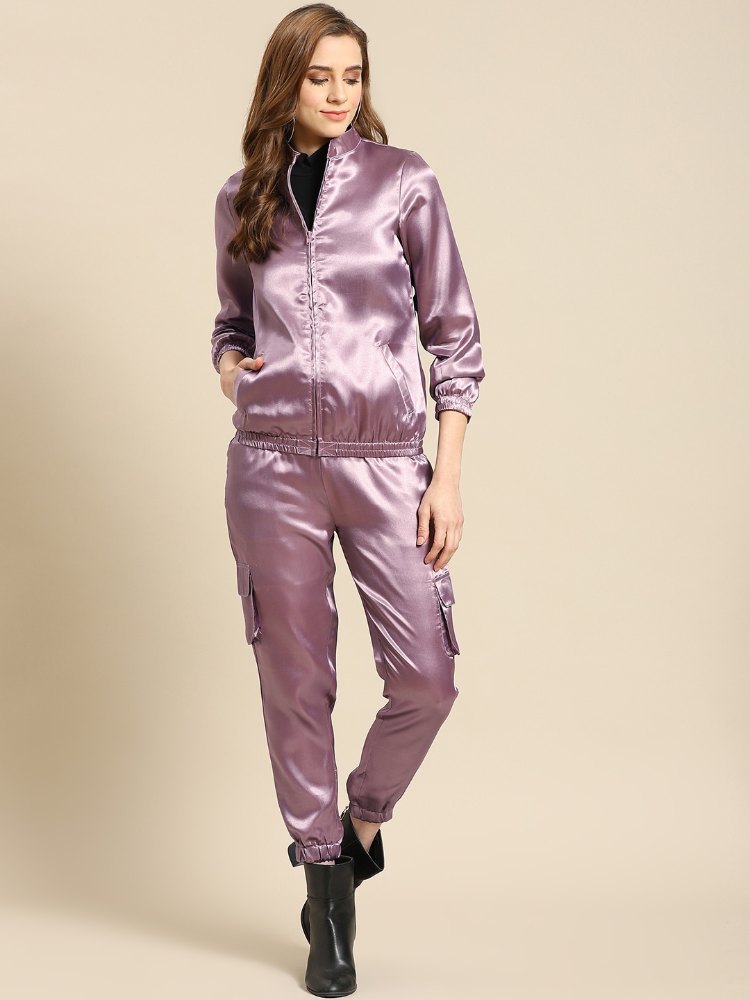 

MABISH by Sonal Jain Women Mauve Solid Satin Finish Co-Ords