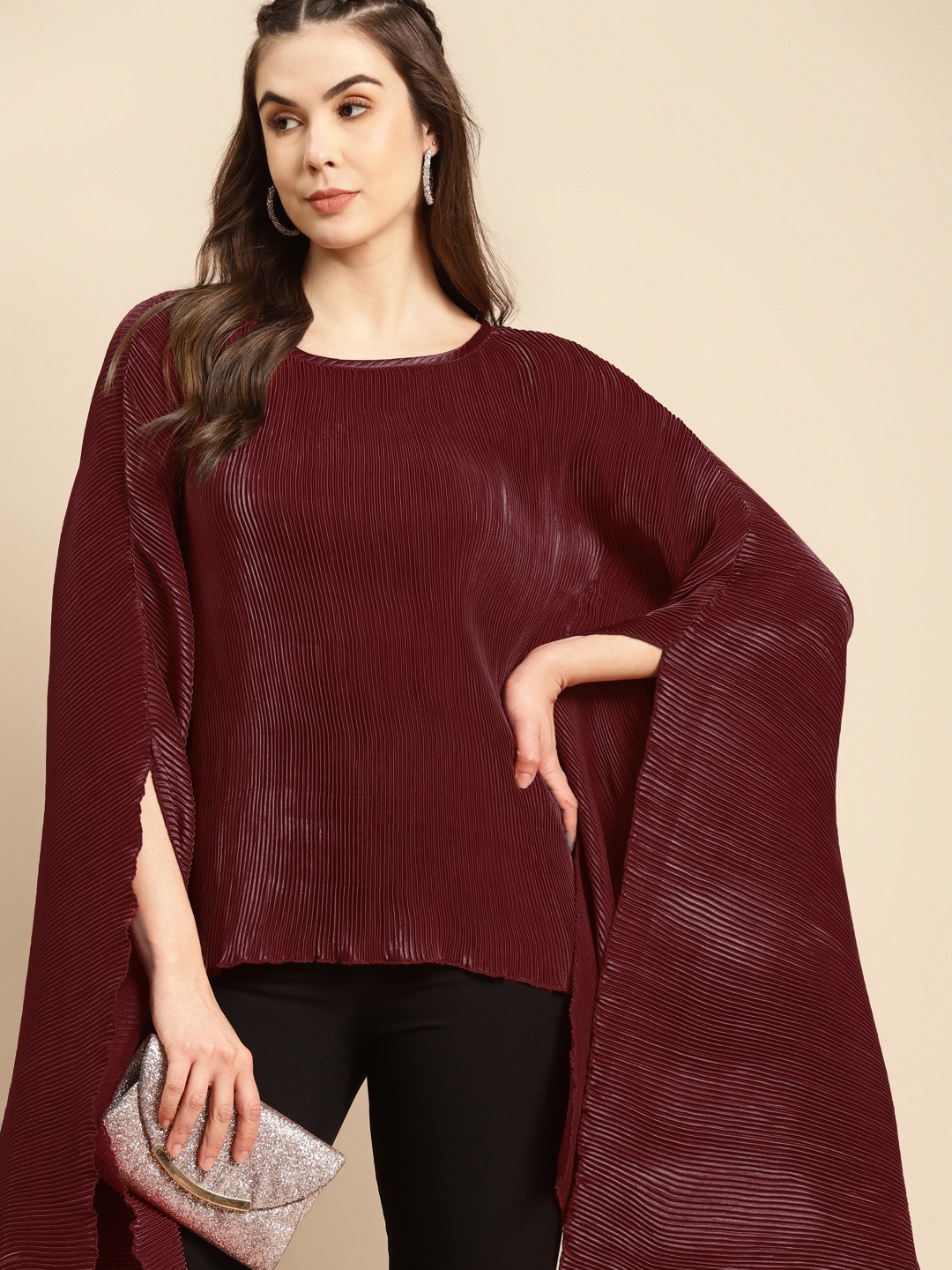 

MABISH by Sonal Jain Maroon Satin Finish Accordion Pleats Kaftan Top