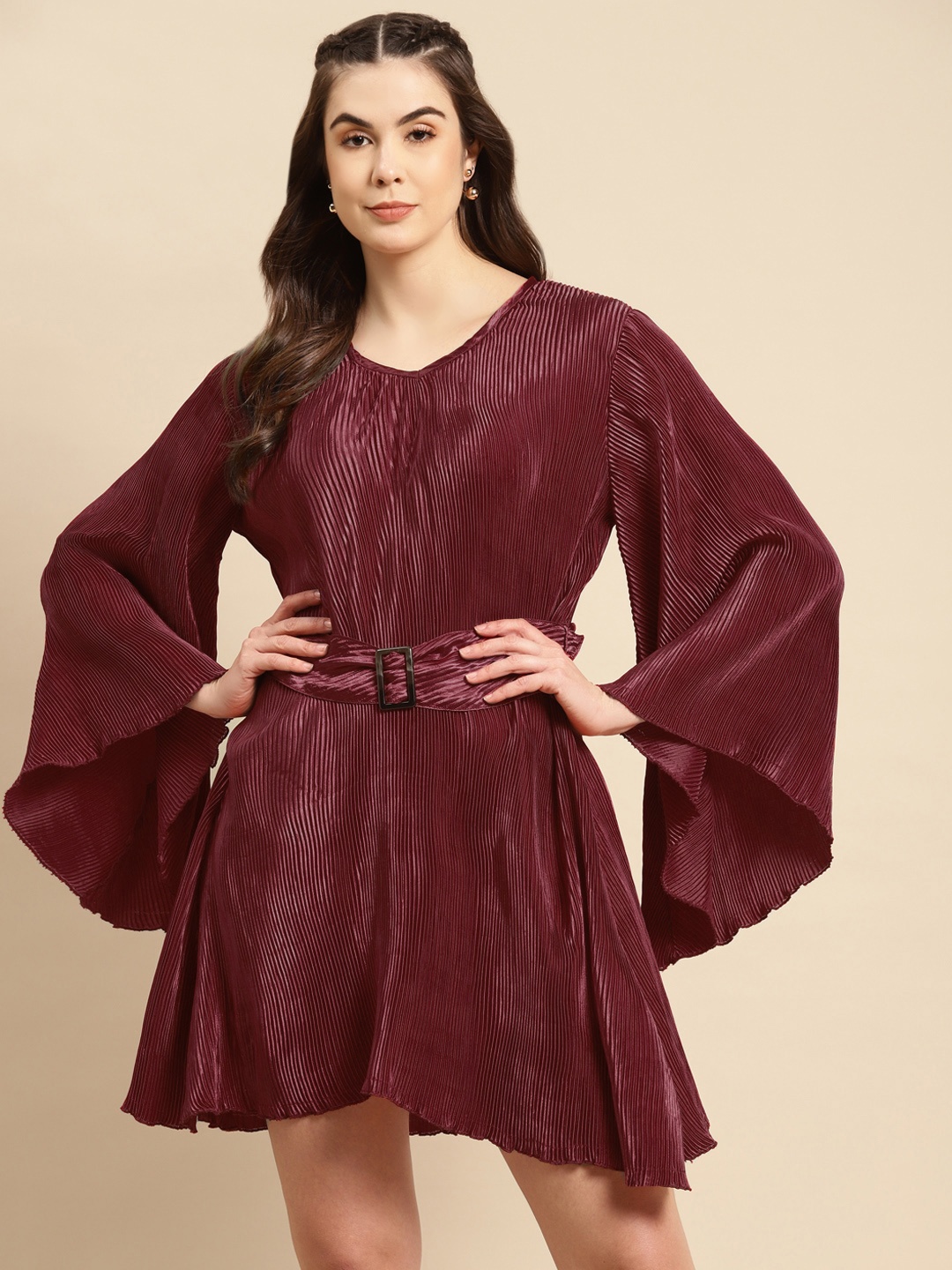 

MABISH by Sonal Jain Maroon Satin Finish Accordion Pleats Fit & Flare Dress with Belt